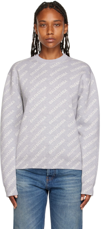 Balenciaga Mini Allover Logo Cotton-blend Sweater In Grigio E Bianco