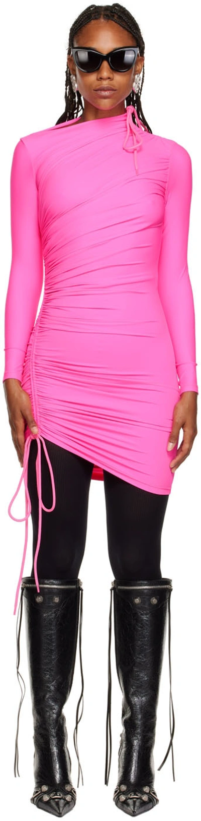 Balenciaga Asymmetric Ruched Neon Stretch-jersey Mini Dress In Pink