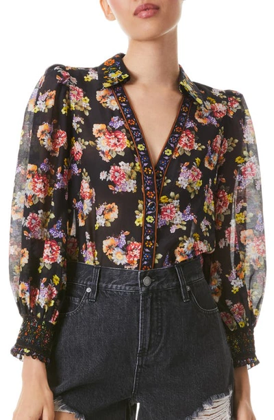 Alice And Olivia Cosima Floral-print Cotton And Silk-blend Blouse In Black