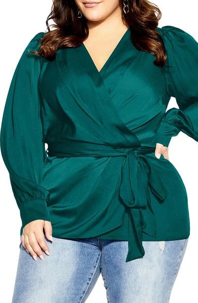 City Chic Opulent High-low Faux Wrap Top In Jade