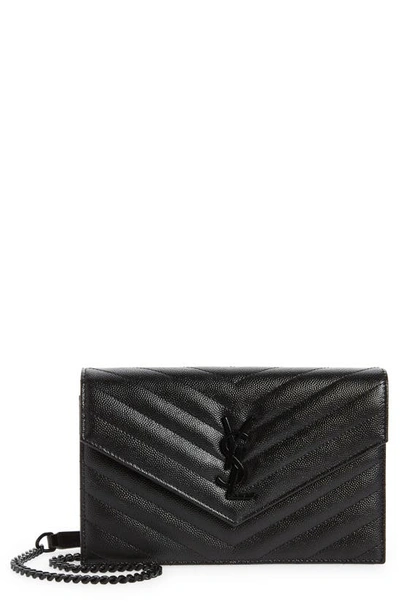 Saint Laurent Small Monogram Quilted Leather Wallet On A Chain In 1000 Black