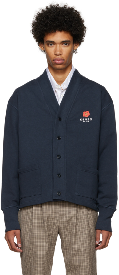 Kenzo Boke Flower Logo-print Cotton-blend Jersey Cardigan In Blue