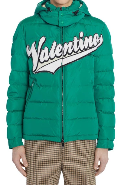 Valentino Green Embroidered Logo Hooded Down Jacket