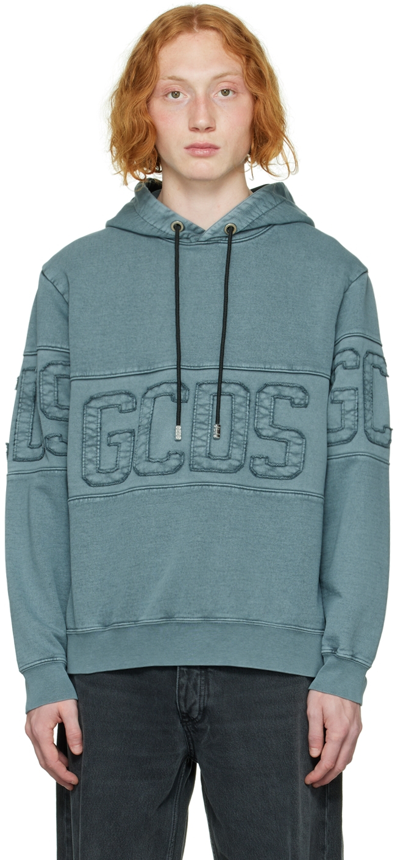 Gcds Man Garment-dyed Black Hoodie With Logo In Grey