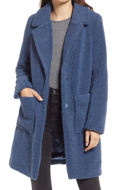 French Connection Notch Collar Faux Fur Teddy Coat In Smokey Blue