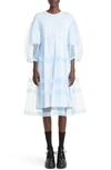 Simone Rocha Tiered Net Overlay Signature Sleeve Dress In Baby Blue/lt Blue