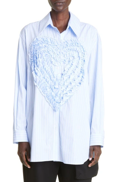 Simone Rocha Ruffle Heart Stripe Cotton Button-up Shirt In