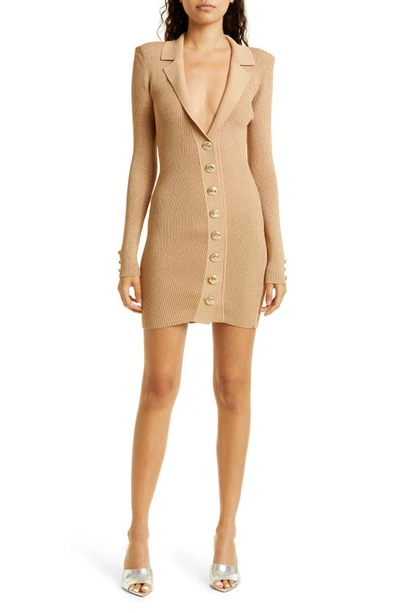 Retroféte Mimi Button Front Long Sleeve Rib Dress In Beige