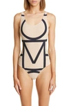 Totême Beige Swimsuit With Black Details In Techno Fabric Woman In Monogram Print