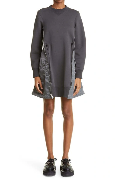 Sacai Ma-1 Side Gusset Long Sleeve Sponge Minidress In Charcoal Grey