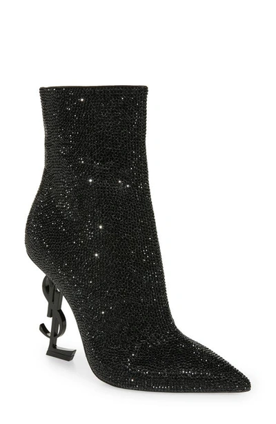 Saint Laurent Opyum Ysl Pointed Toe Bootie In Suede/ Crystal Black