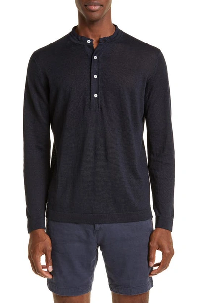 Thom Sweeney Linen Henley In Navy