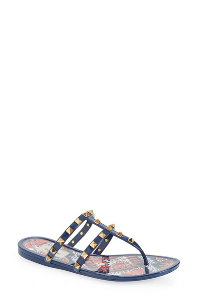 Valentino Garavani Rockstud Printed-footbed Thong Sandals In Blue