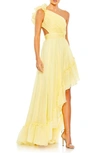 Mac Duggal One-shoulder Ruffle Asymmetric Gown In Butter