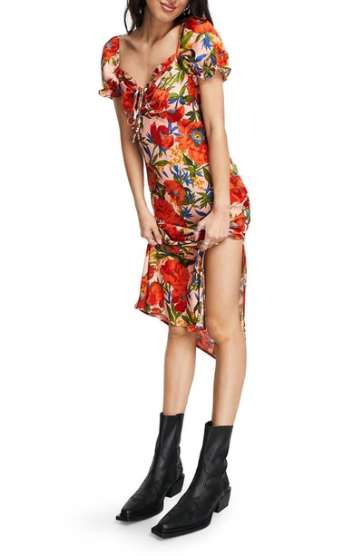 knee length dresses for ladies Rent Topshop Cut Out Waist Floral Print Tiered Occasion Midi Dress In  Burgundy
