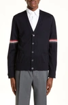 Thom Browne Stripe Armbands Merino Wool Cardigan In Navy