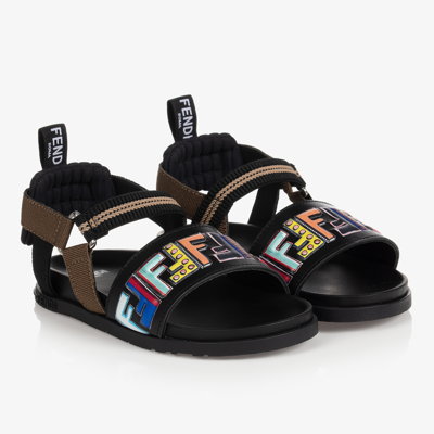 Fendi Black Leather Ff Logo Sandals