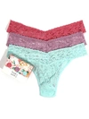 Hanky Panky Signature Lace Original Rise Thong Fashion 3-pack In Pink,waterlily,blue