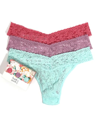 Hanky Panky Signature Lace Original Rise Thong Fashion 3-pack In Pink,waterlily,blue