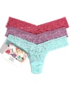 Hanky Panky Signature Lace Low Rise Thong Fashion 3-pack In Pink,waterlily,blue
