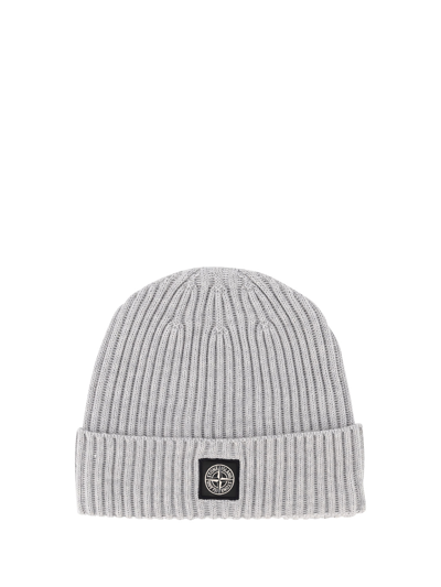 Stone Island Junior Kids' Logo-patch Ribbed Knit Beanie In Grey