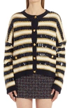 Valentino Rockstud Ribbed Sequin Stripe Cotton Blend Cardigan In 7d1 Navy/avorio/oro