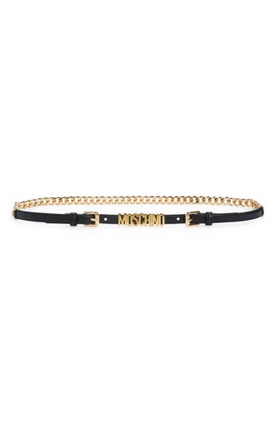 Moschino Logo Chain Leather Belt In Black