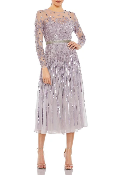 Mac Duggal Illusion Long Sleeve Midi Dress In Vintage Lilac