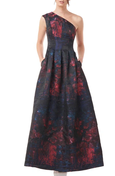 Kay Unger One-shoulder Pleated Jacquard Gown In Teaberry