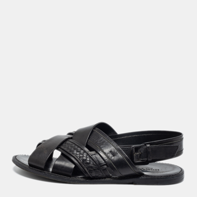 Pre-owned Bottega Veneta Black Intrecciato Leather Criss Cross Flat Sandals Size 41