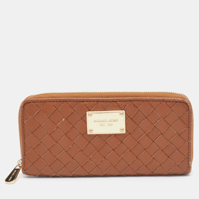 Pre-owned Michael Kors Tan Leather Woven Zip Around Wallet