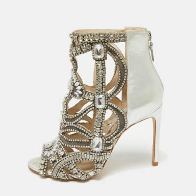 Pre-owned Sophia Webster Silver Fabric And Leather Crystal Embellished Iridessa Caged Booties Size 36
