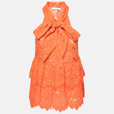 Pre-owned Ganni Orange Floral Lace Neck Tie Detail Tiered Sleeveless Top S