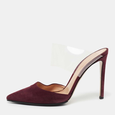 Pre-owned Gianvito Rossi Burgundy Suede And Pvc Plexi Pointed Toe Mule Sandals Size 38