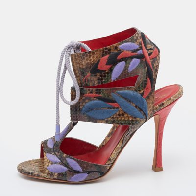Pre-owned Sergio Rossi Multicolor Embroidered Python Ankle Tie Up Sandals Size 40