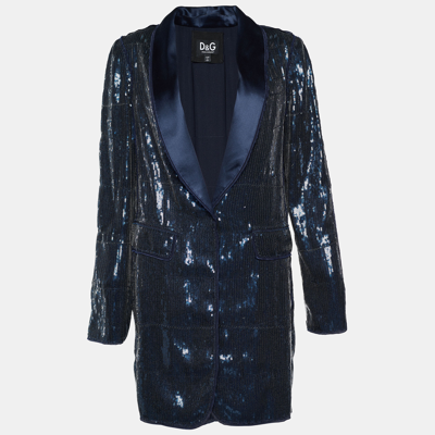Pre-owned Dolce & Gabbana Blue Sequined Single Button Long Blazer M In Navy Blue