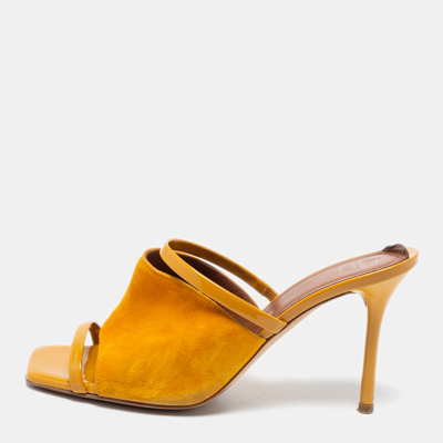 Pre-owned Malone Souliers Mustard Yellow Suede And Patent Leather Laney Slide Sandals Size 38