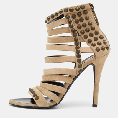 Pre-owned Giuseppe Zanotti For Pierre Balmain Beige Suede Studded Strappy Sandals Size 39