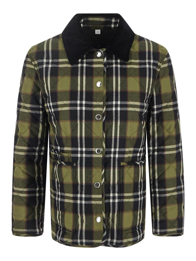 Burberry Corduroy-trimmed Checked Quilted Wool-twill Jacket In Green