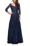 La Femme Long Lace A-line Three Quarter Sleeve Gown In Blue