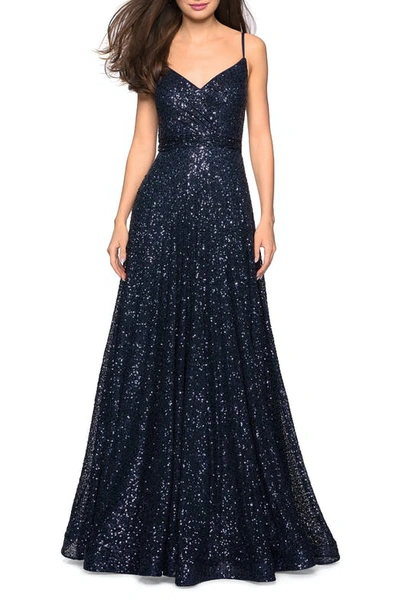 La Femme Sequin Empire Waist Prom Dress With V Back In Blue