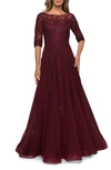 La Femme Lace And Tulle A-line Gown With Three Quarter Sleeves In Slate