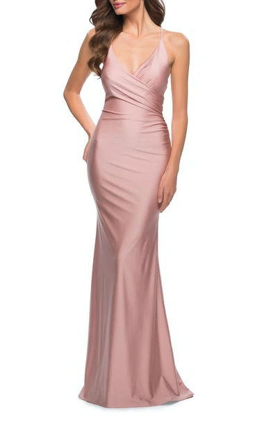 La Femme Criss Cross Bodice Fitted Long Jersey Gown In Pink