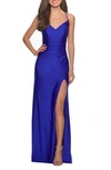 La Femme Long Criss Cross Back Dress In Blue