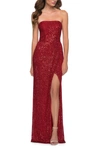La Femme Faux Wrap Skirt Simple Sequin Strapless Dress In Red