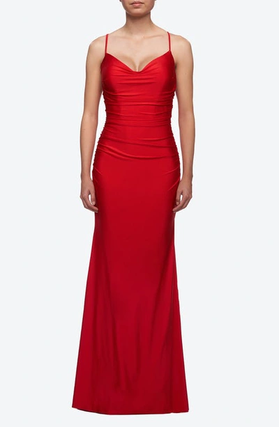 La Femme Draped V-neckline Long Jersey Dress In Red