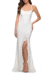 La Femme Stretch Lace Dress With Ruffle Skirt Detail And Slit In White