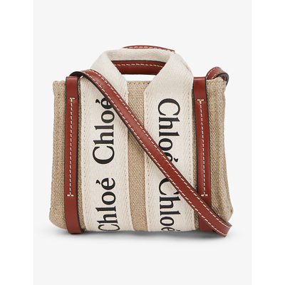 Chloé Woody Small Linen And Leather Cross-body Bag In White - Brown 1