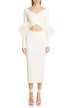 LAPOINTE OSTRICH FEATHER TRIM LONG SLEEVE CROSSOVER CUTOUT MIDI DRESS