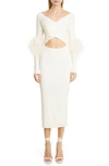 Lapointe Ostrich Feather Trim Long Sleeve Crossover Cutout Midi Dress In White